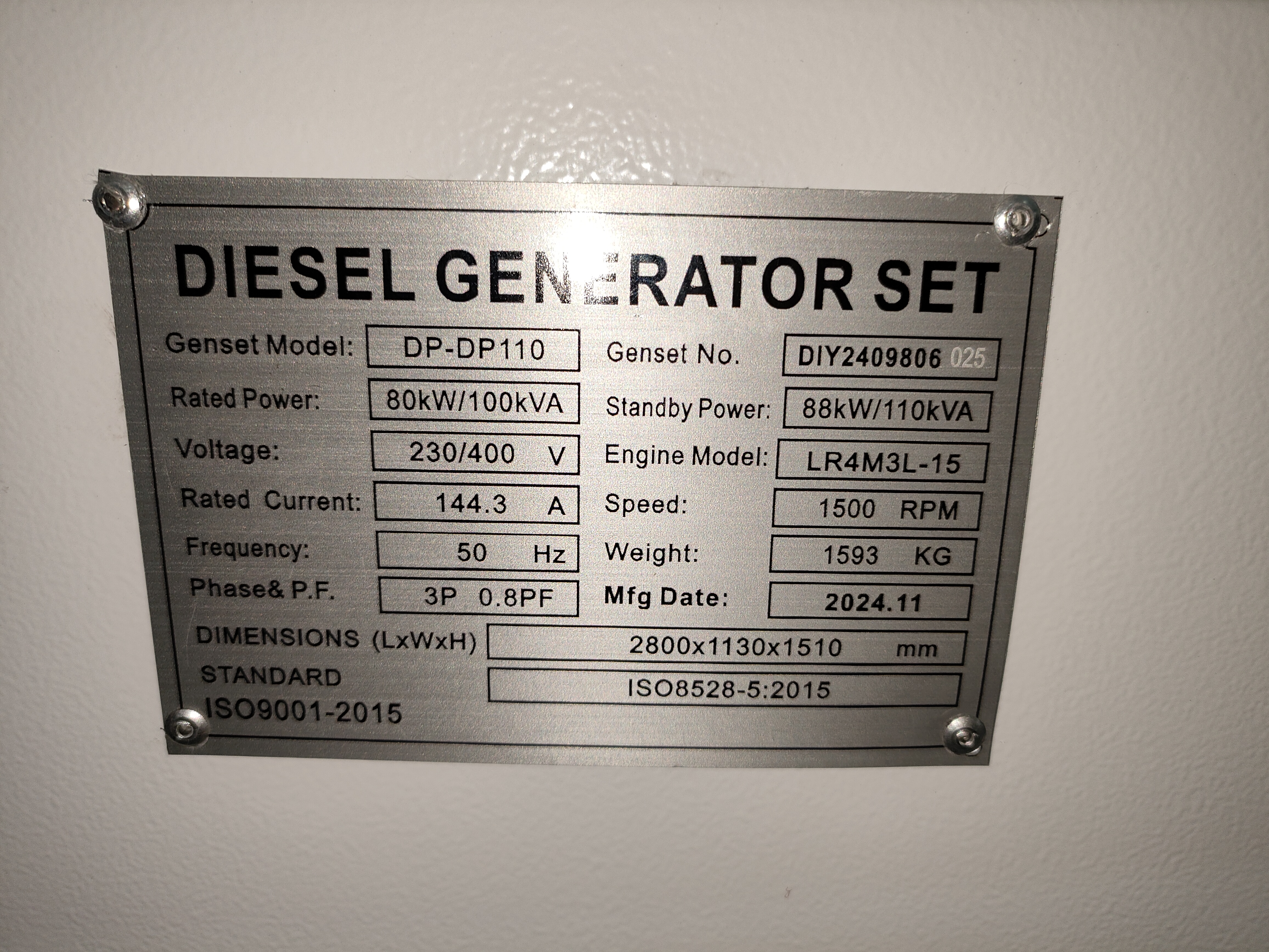 DIY-DP110 YTO LR4M3L-15 Дизель-генераторная установка 80 кВт 50 Гц